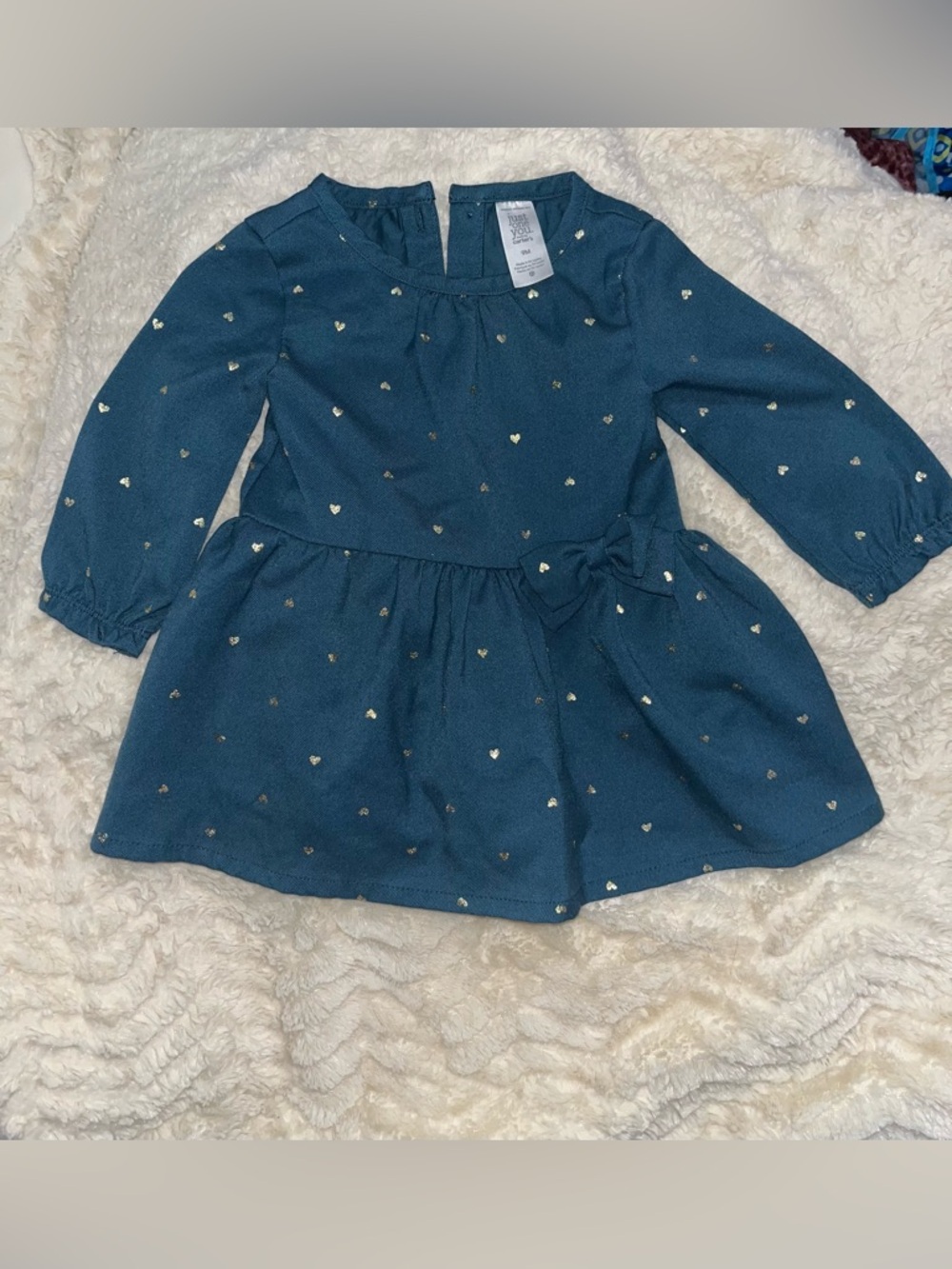 Carter's Teal Long-Sleeve Dress with Gold Hearts